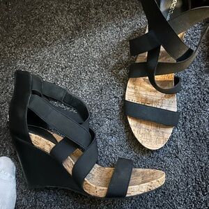 Black Strappy Wedge Sandals- worn once